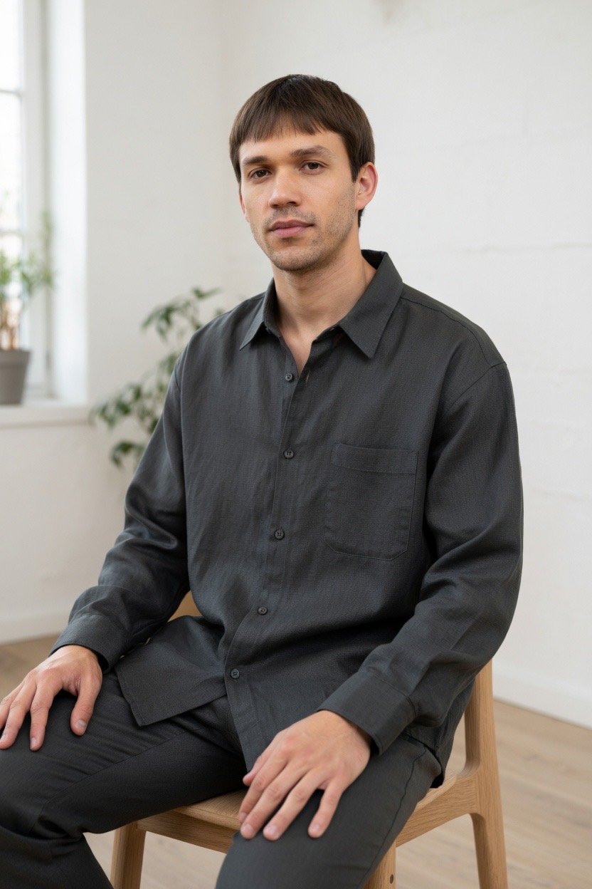 Camisa Linho Cinza Homem